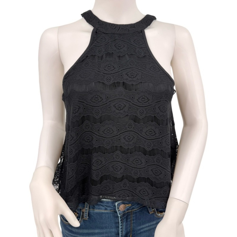 GRAYSON Small Halter Top Black Lace Keyhole Back Boho Festival‎ Summer Tank